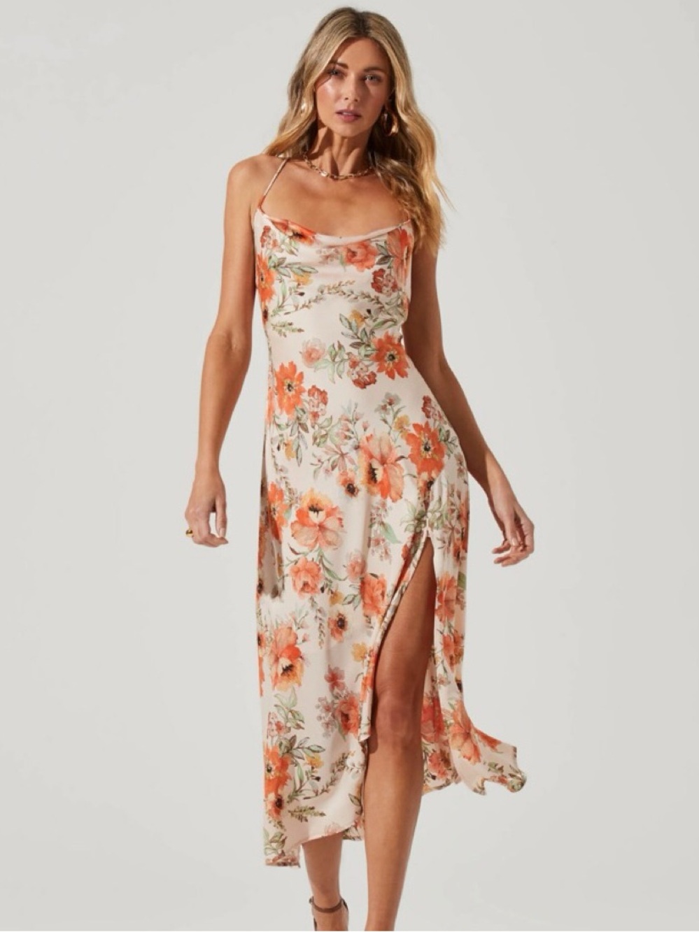 ASTR the Label Floral Slip Midi Dress with Side Slit - Cream & Orange